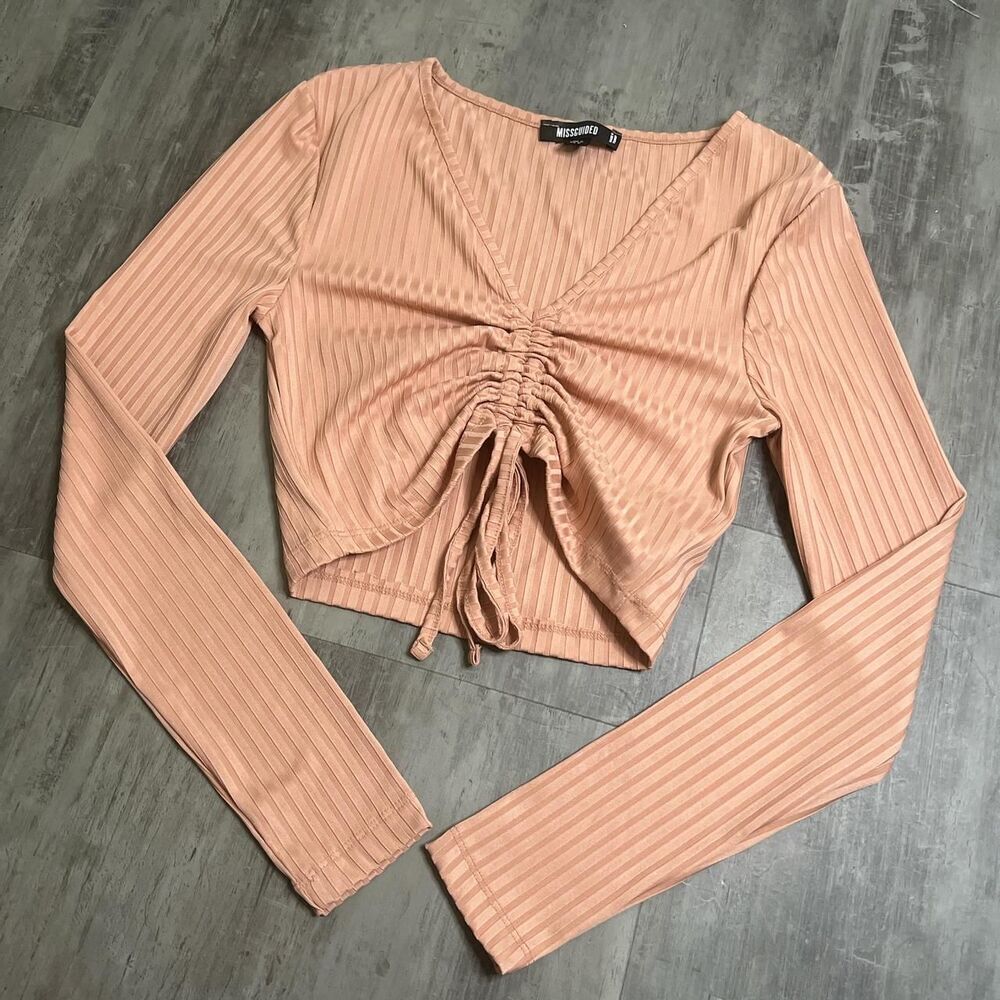 Missguided Tie Front Cropped Long Sleeve Top Pink Size 0